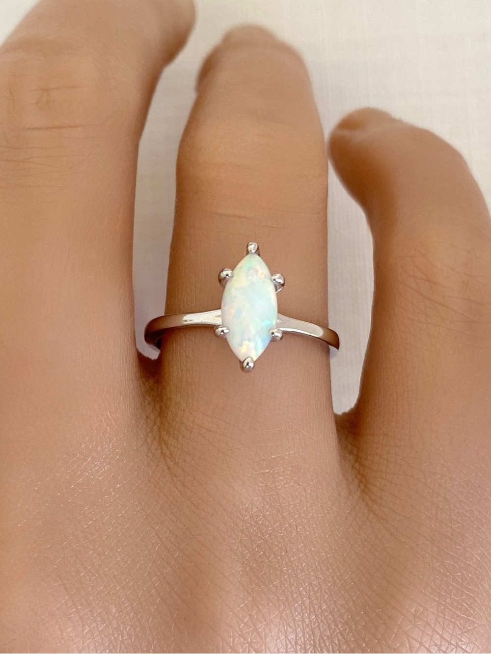 Marquise White fire Opal Sterling Silver Women’s Solitaire minimalist Ring